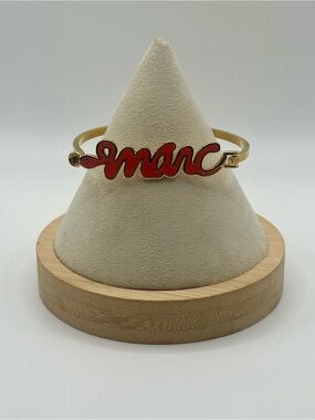 Marc Jacobs Bangle Bracelet Gold Tone Red Script Logo "Marc" Hook Closure Signed